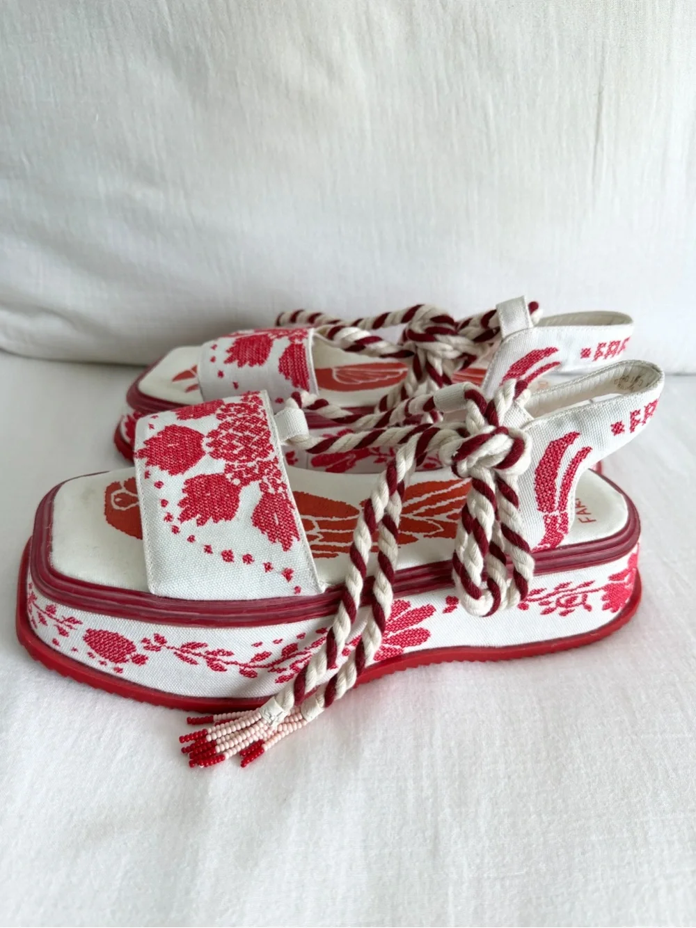 Farm Rio Red & White Embroidered Platform Sandal